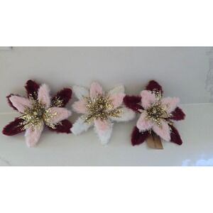 New Creative Co-Op Faux Fur Poinsettia Clip-on Ornaments Set of 3 Gold Pink